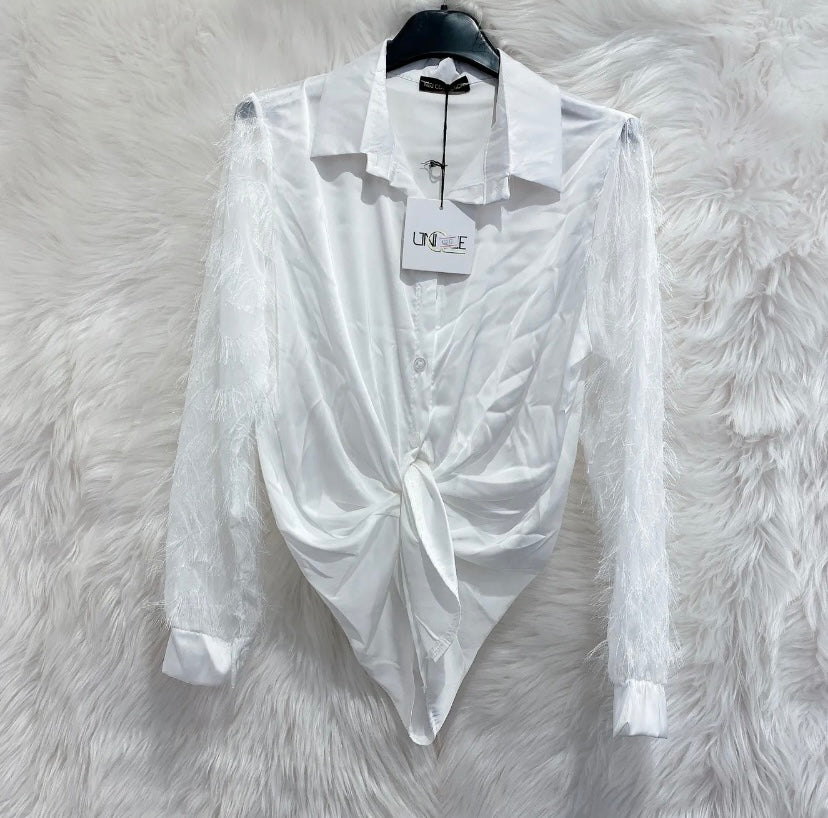 White collared blouse with sheer sleeves & fringe