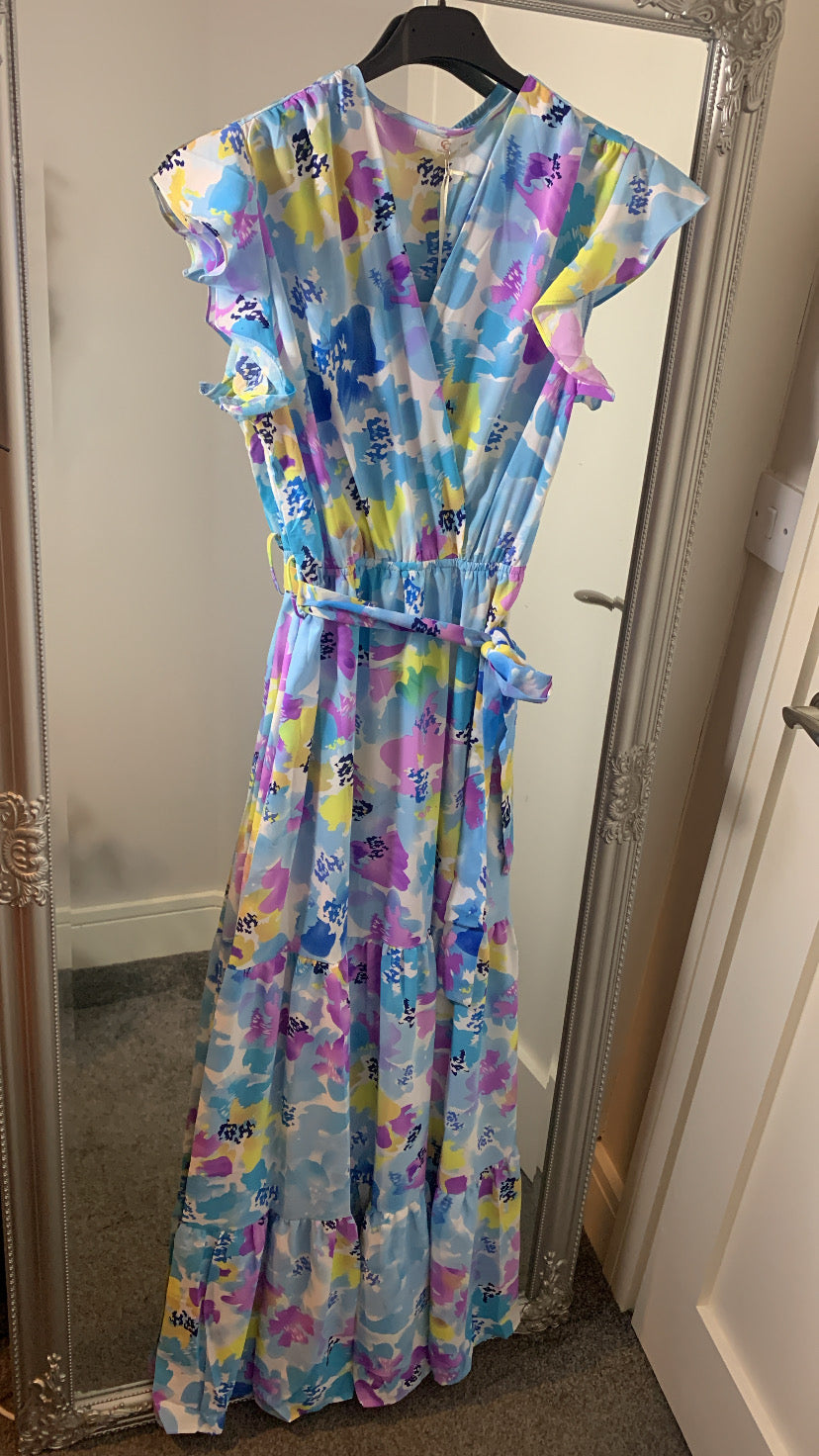 Blue, lilac & yellow floral maxi dress with stretch elastic waist & tie belt.