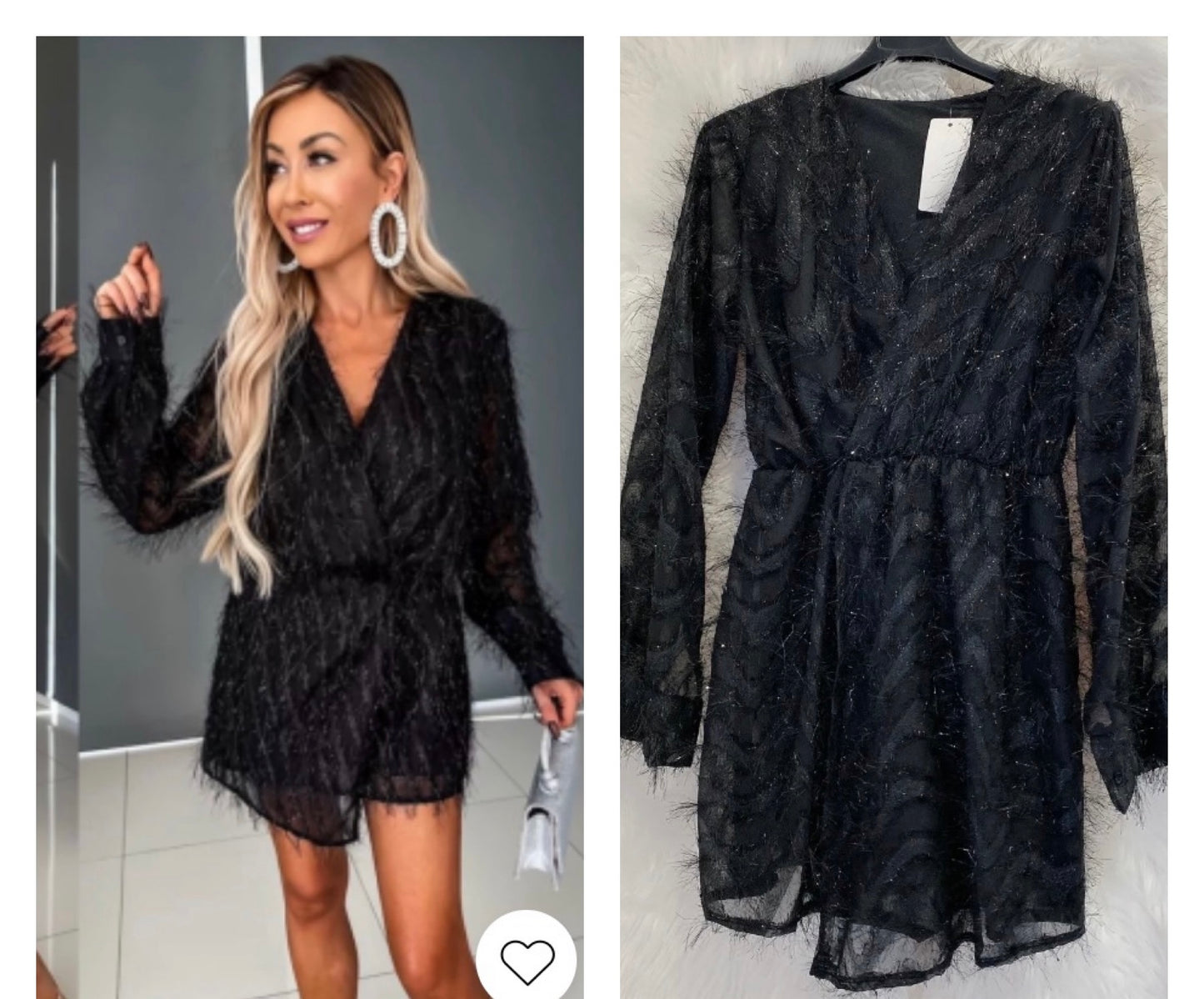 Black playsuit with fringe and sheer sleeves