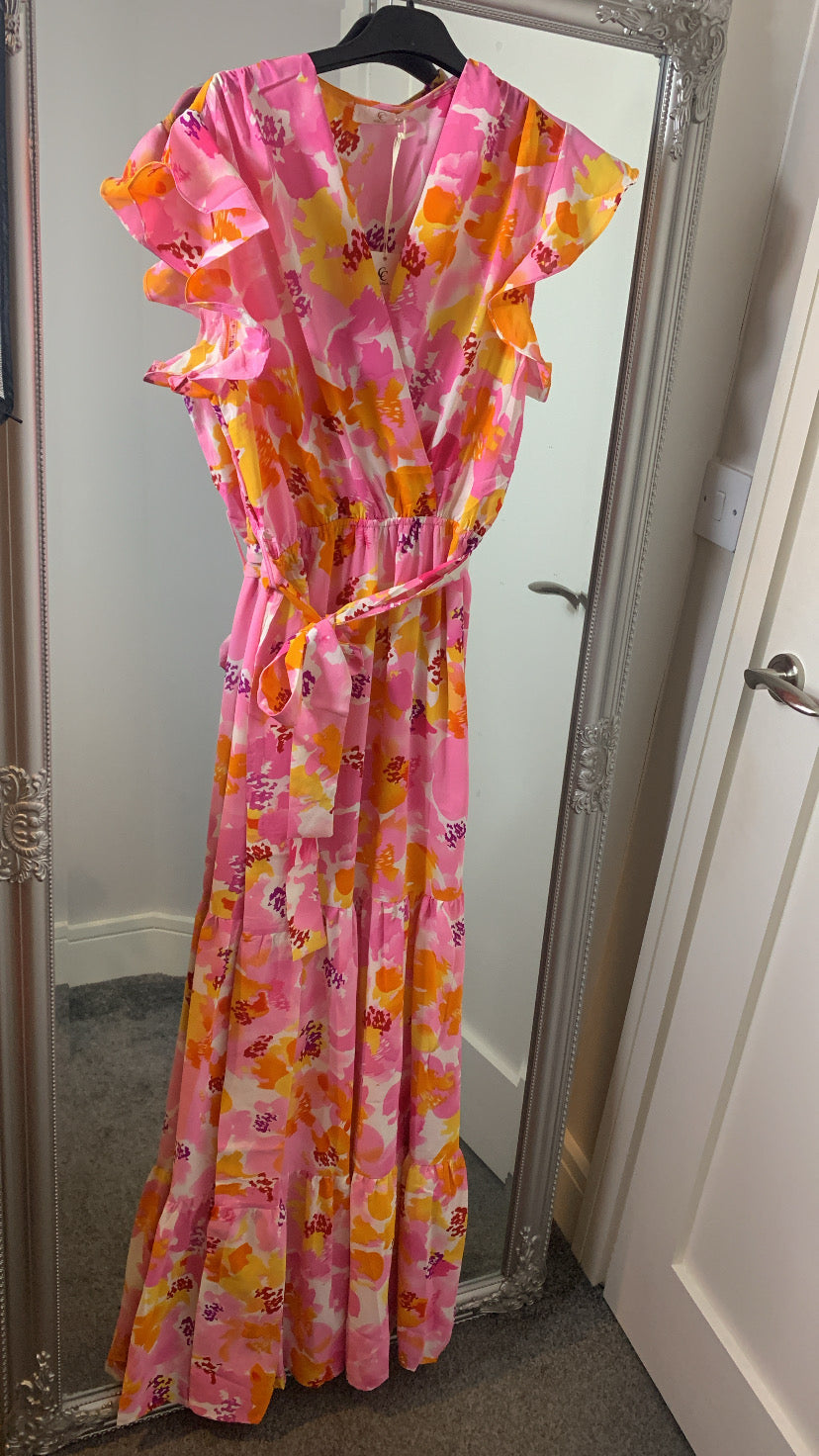 Pink & orange floral maxi dress with stretch elastic waist & tie belt.