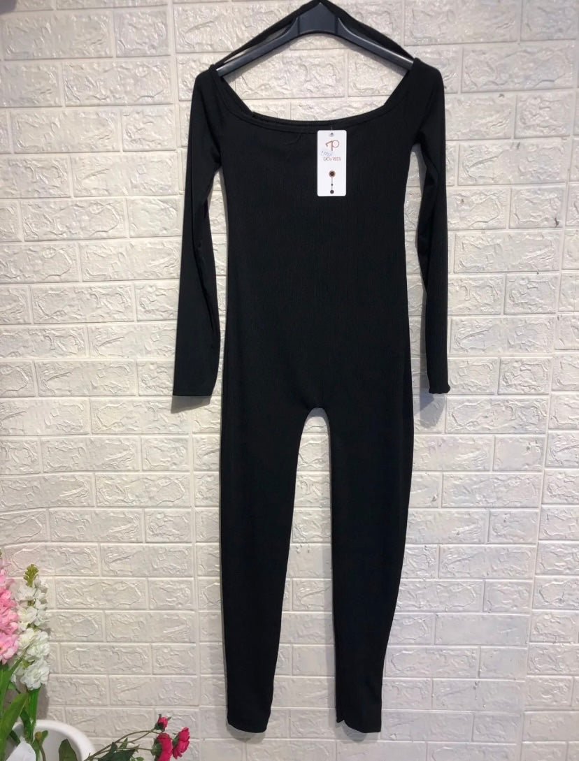 Black Ribbed Long Sleeve Jumpsuit,