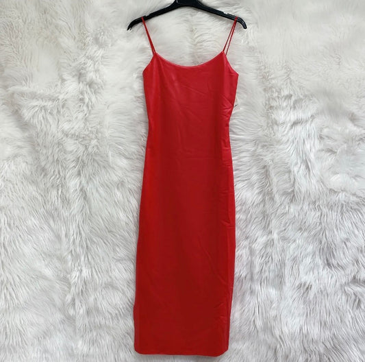 red midi faux leather dress with side split and spaghetti straps