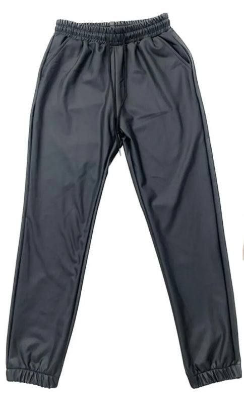 Black faux leather joggers with stretch elastic waistband & pockets.