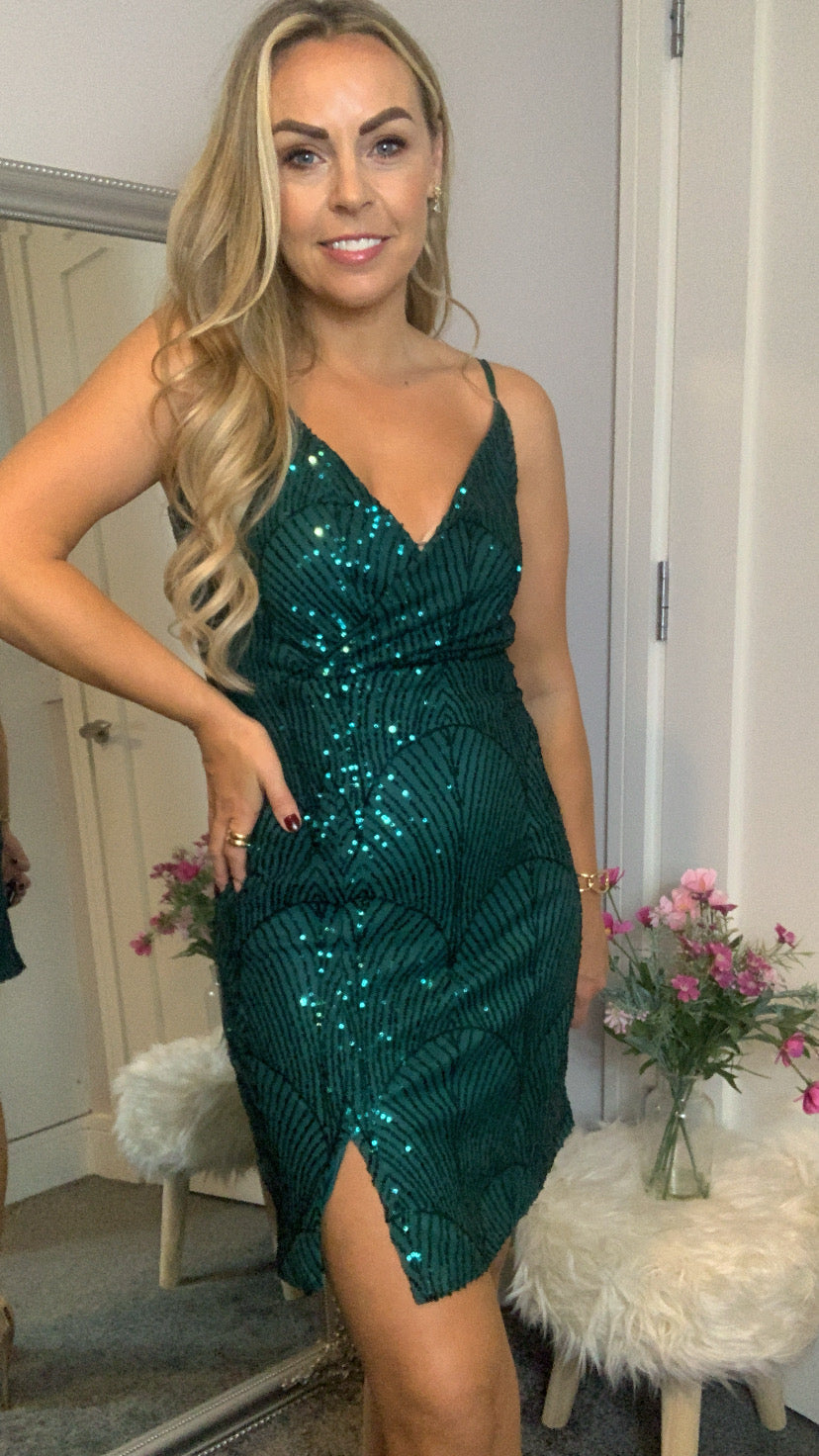 green sequin dress with spaghetti straps, v neck & side split