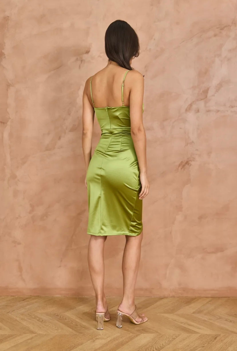 Green satin midi dress