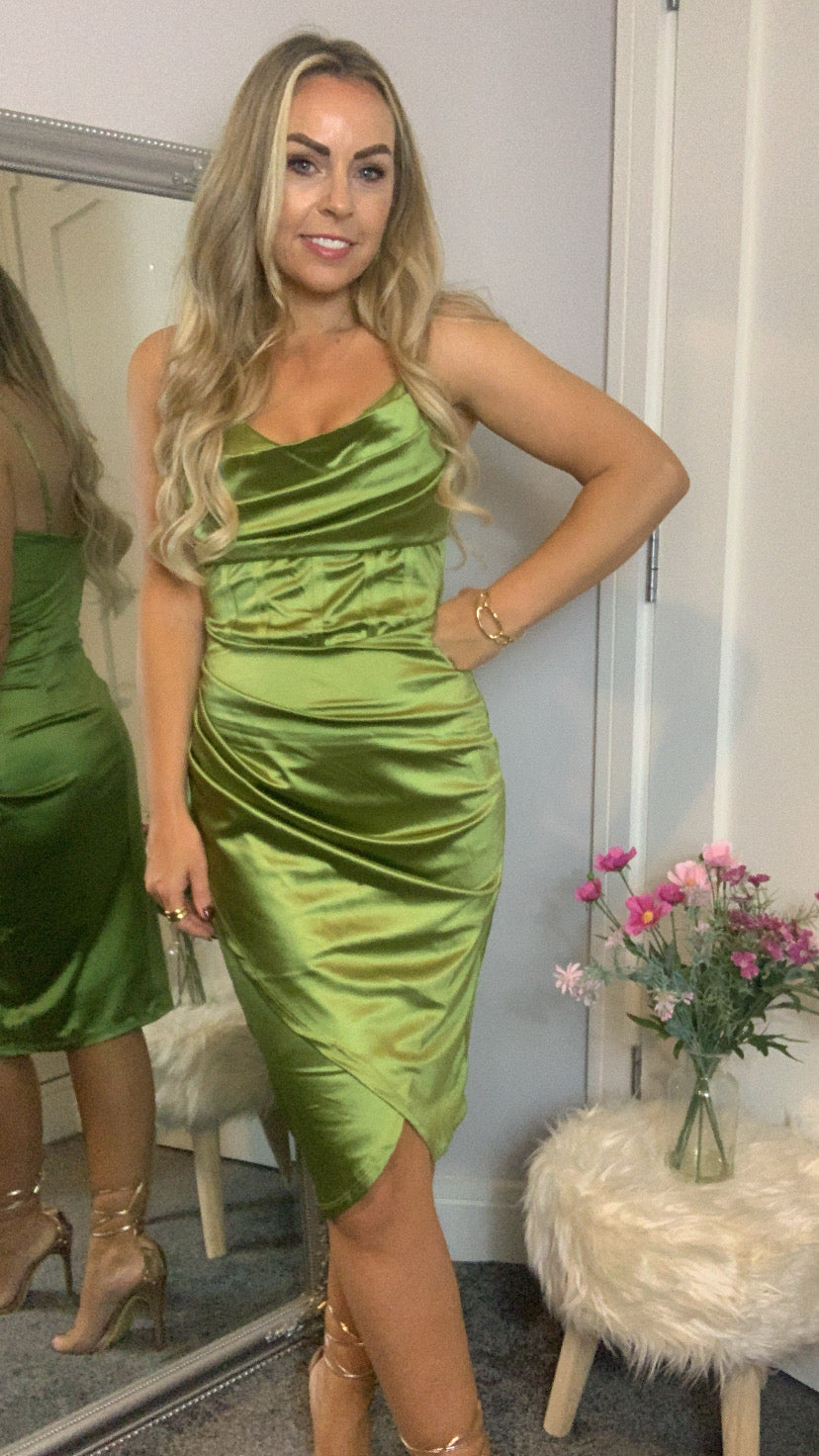 green Satin corset style midi dress with zip back fastening & ruching