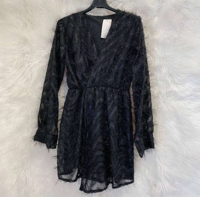 Black playsuit with fringe & sheer sleeves 