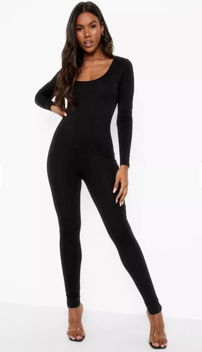 Black Ribbed Long Sleeve Jumpsuit,