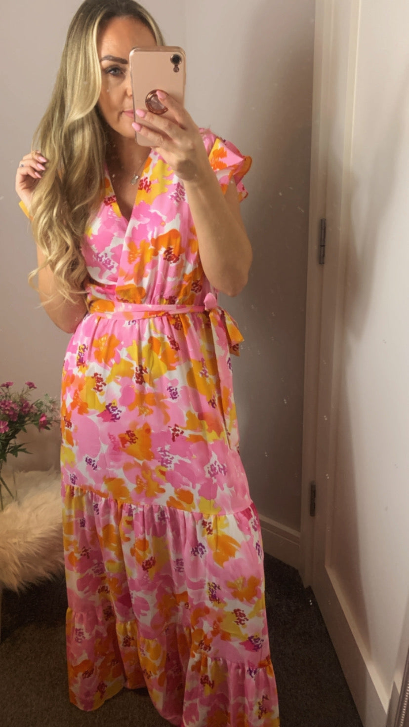 Pink & orange floral maxi dress with stretch elastic waist & tie belt.