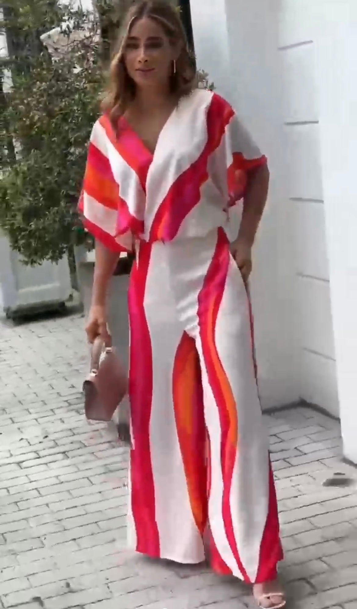 White, red, pink &amp; orange jumpsuit,  zip up back,  v neck front &amp; back,  tie string back,  wide leg,