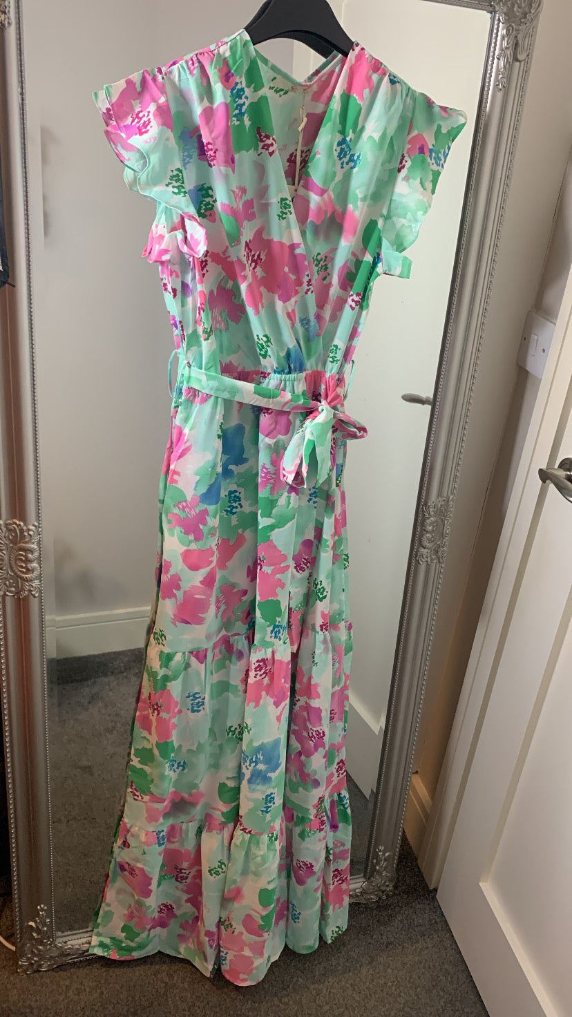 Green & pink floral maxi dress with stretch elastic waist & tie belt.