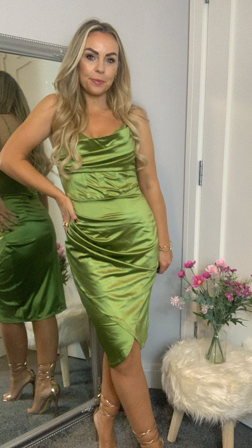 green satin corset style midi dress with zip back fastening & ruhing