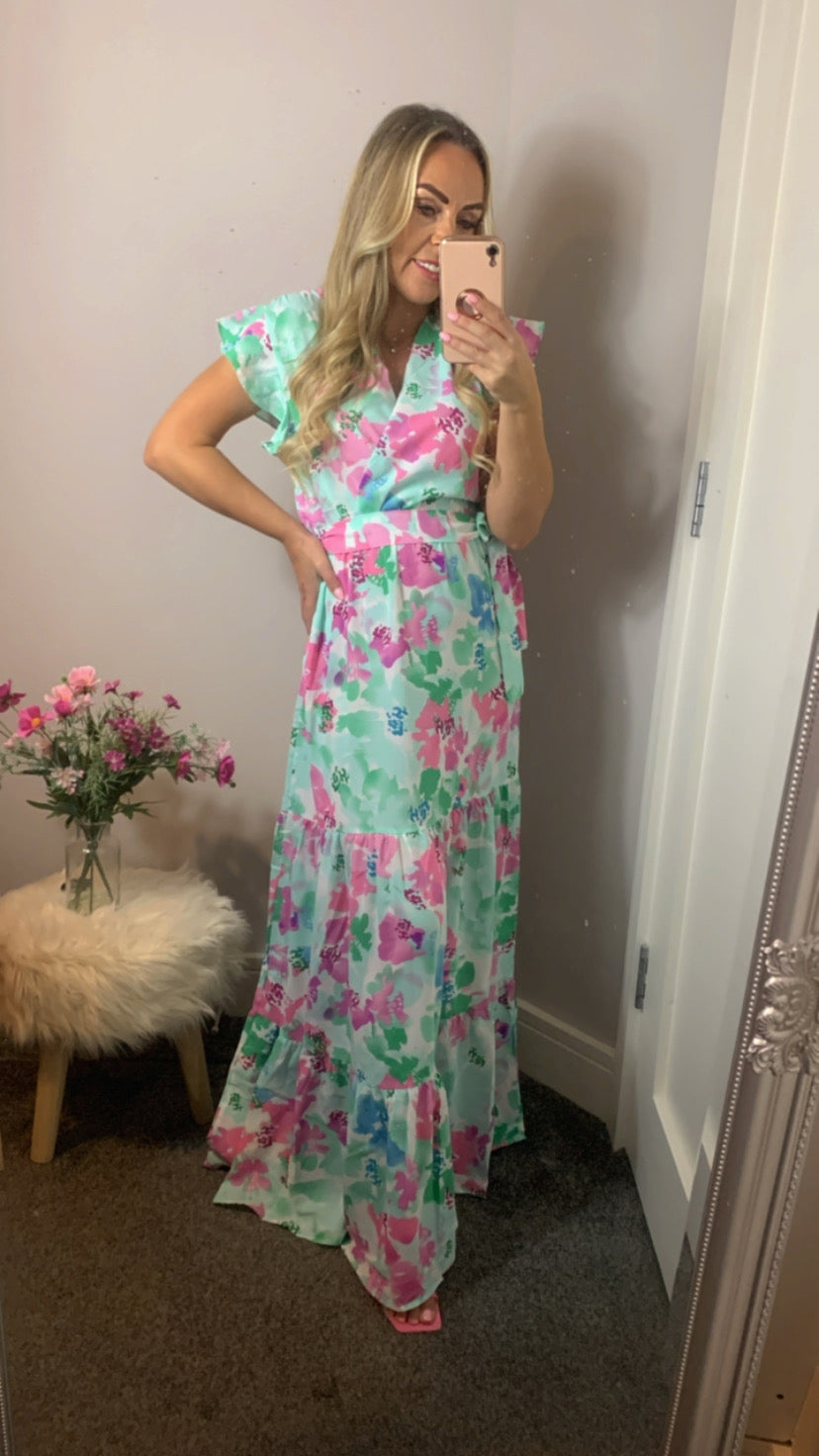 Green & pink floral maxi dress with stretch elastic waist & tie belt.