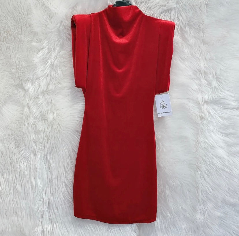 short red velvet dress with shoulder pads