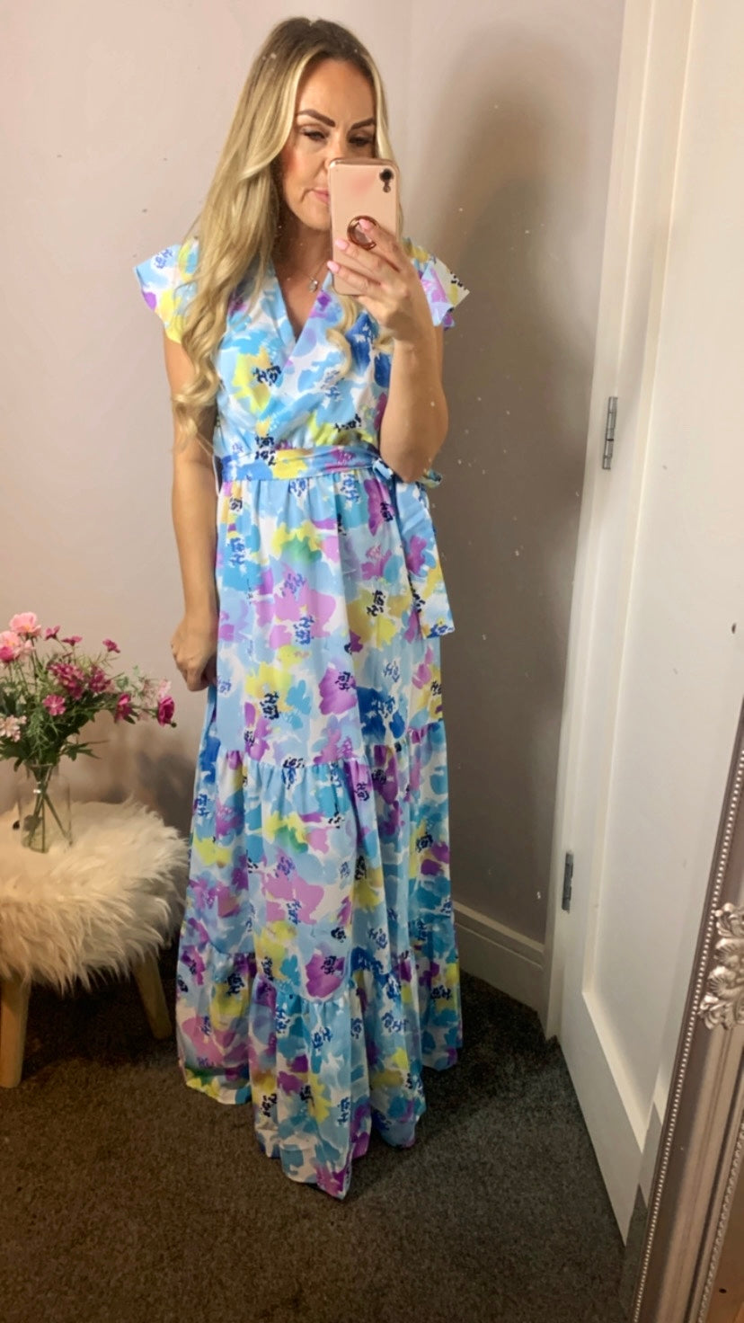 Blue, lilac & yellow floral maxi dress with stretch elastic waist & tie belt.