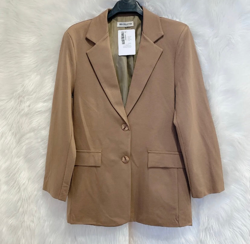 women's tan blazer with button closure & faux pockets