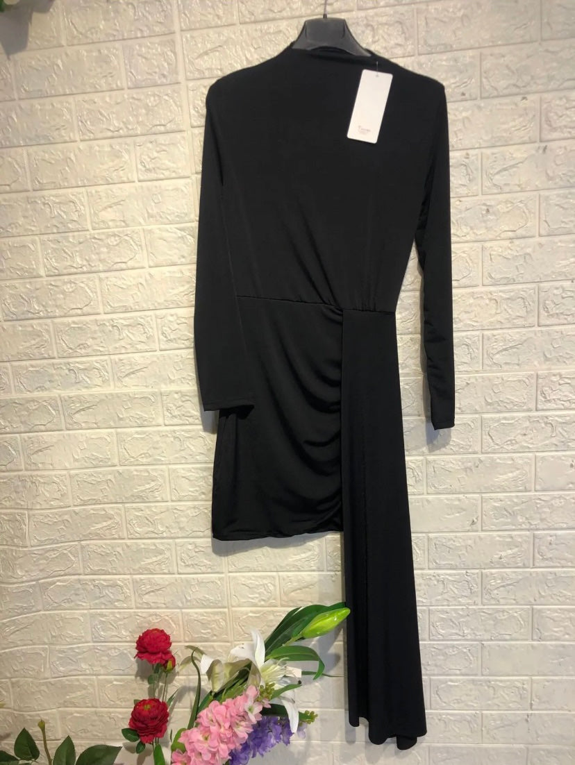 Black Drape Dress,  high neck,  long sleeves,  flattering ruched detail