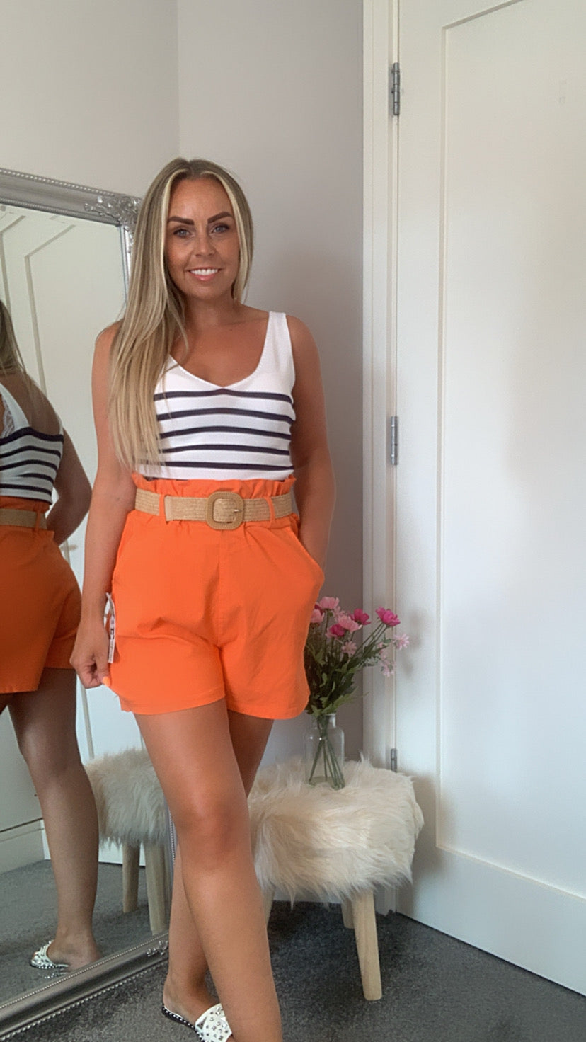 orange women's paperbag shorts with belt