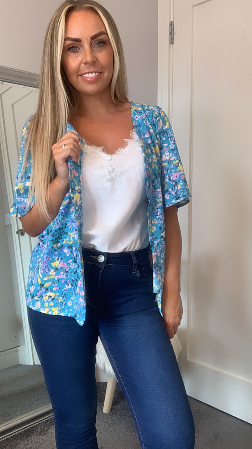 Women's Floral printed v neck top,  button detail, blue with yellow & pink flowers