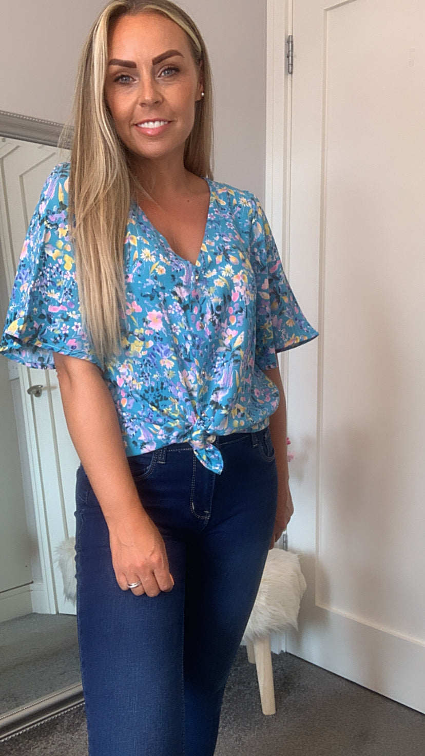 Women's Floral printed v neck top,  button detail, blue with yellow & pink flowers