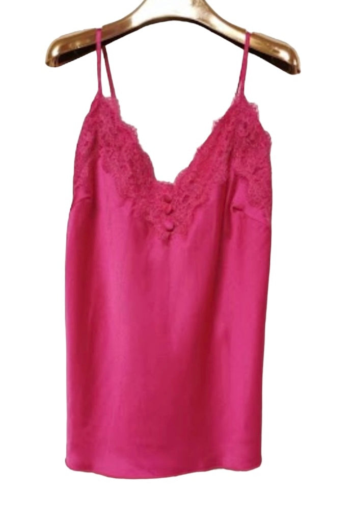 pink satin Lace Cami Top with Button Detail