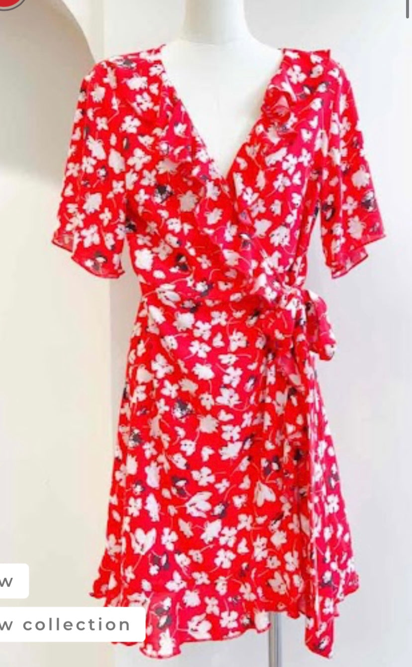 Floral Short Printed Wrap Style Dress, red with white flowers.