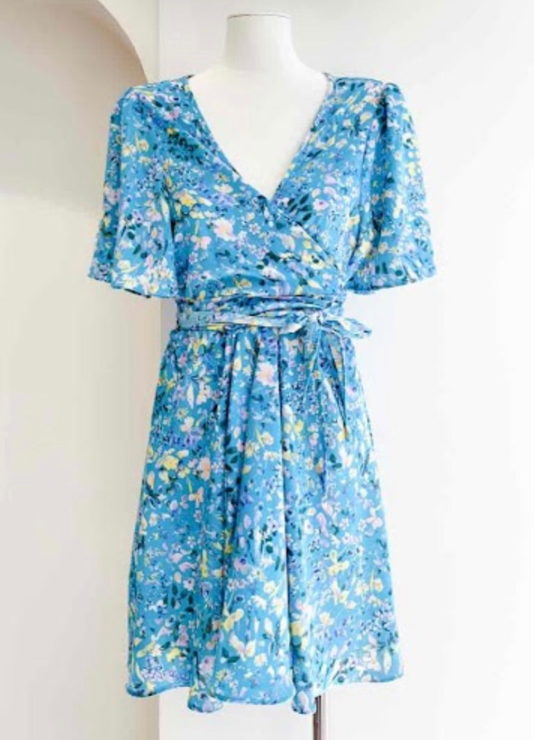 Floral Short Printed Wrap Style Dress, blue with yellow & pink flowers.