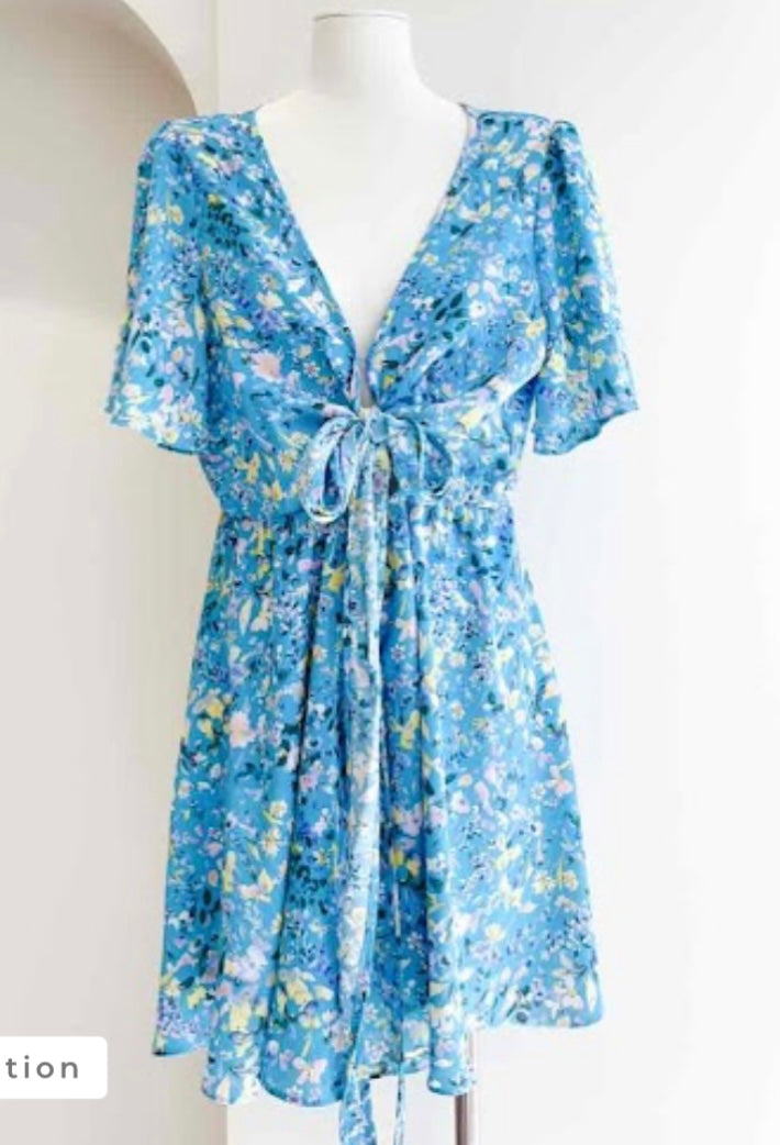 Floral Short Printed Wrap Style Dress, blue with yellow & pink flowers.