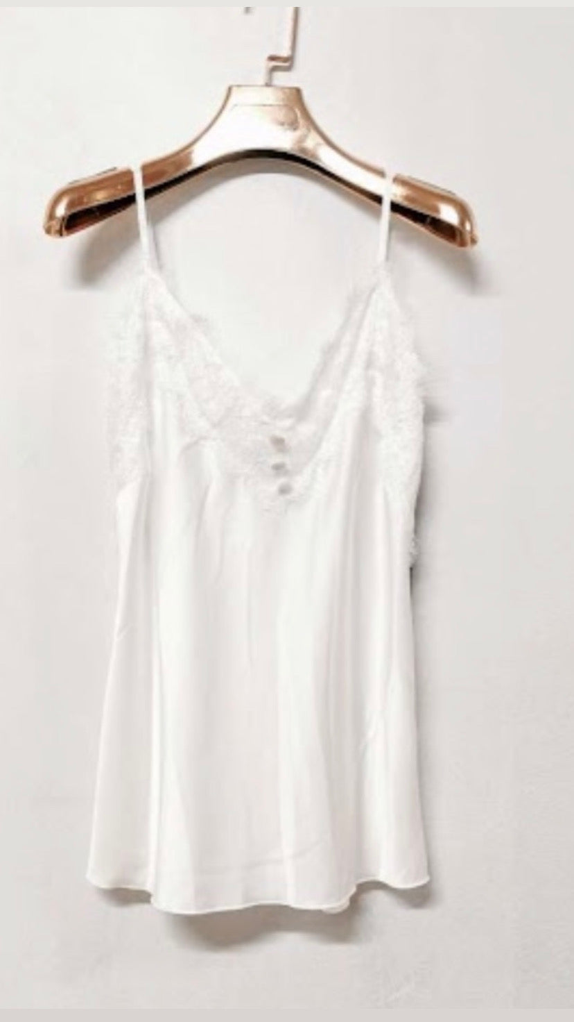 White Satin Lace Cami Top with Button Detail